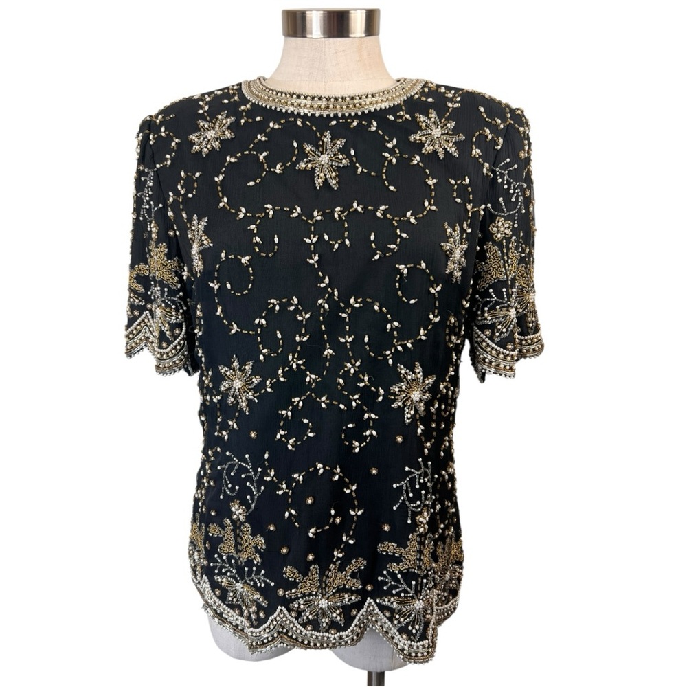 Laurence Kazar Vintage Black and Gold Sequined and Beaded Top Size X-Large
